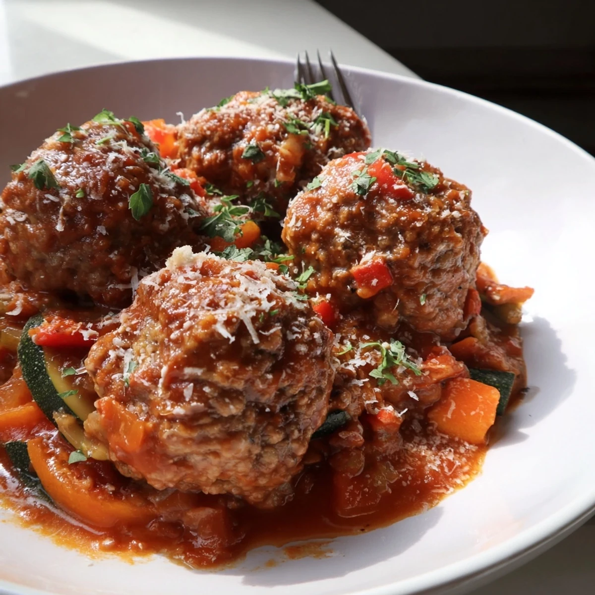 Eine herzhafte Fleischbällchen-Pfanne, perfekt mit frischem Brot serviert.
