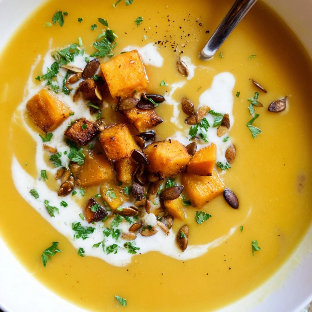 Herzhafte, vegetarische Kürbissuppe, serviert mit gerösteten Kürbiskernen und frischen Kräutern.