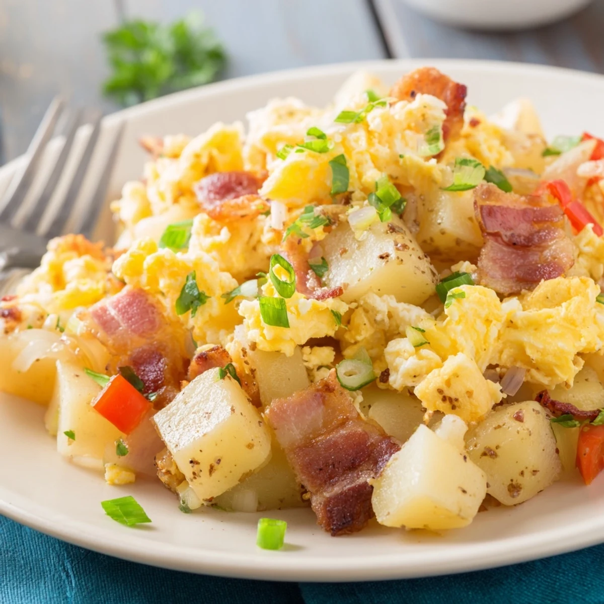 Bunte Farmer’s Breakfast-Pfanne mit zartem Gemüse und frisch gehackter Petersilie.  