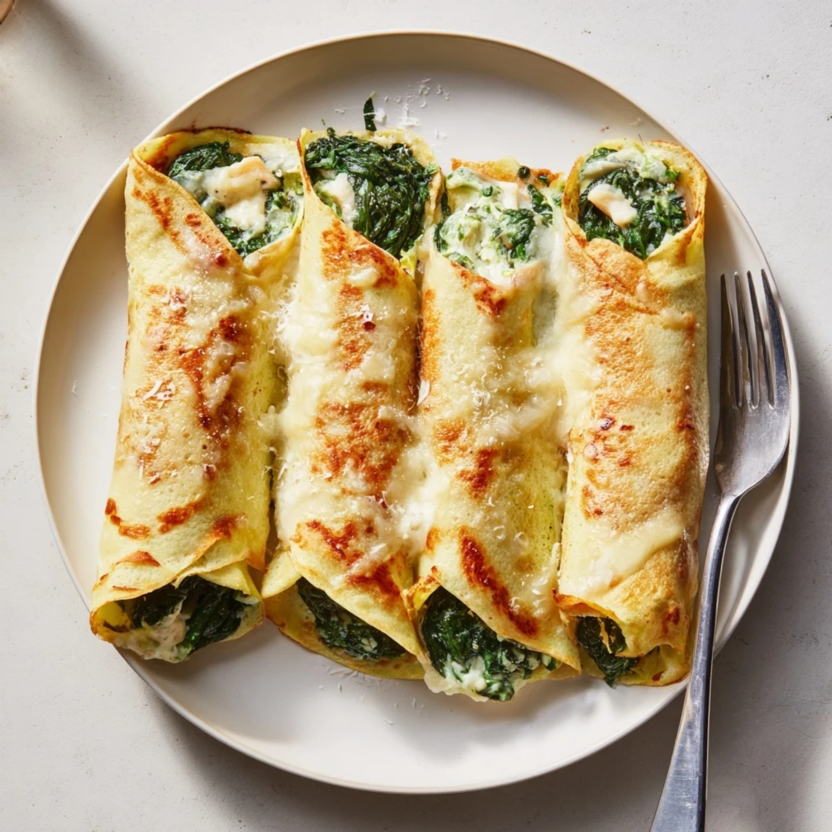 Überbackene Pancake Rolls mit cremigem Spinat und Käse, ein herzhaftes, aromatisches Gericht.