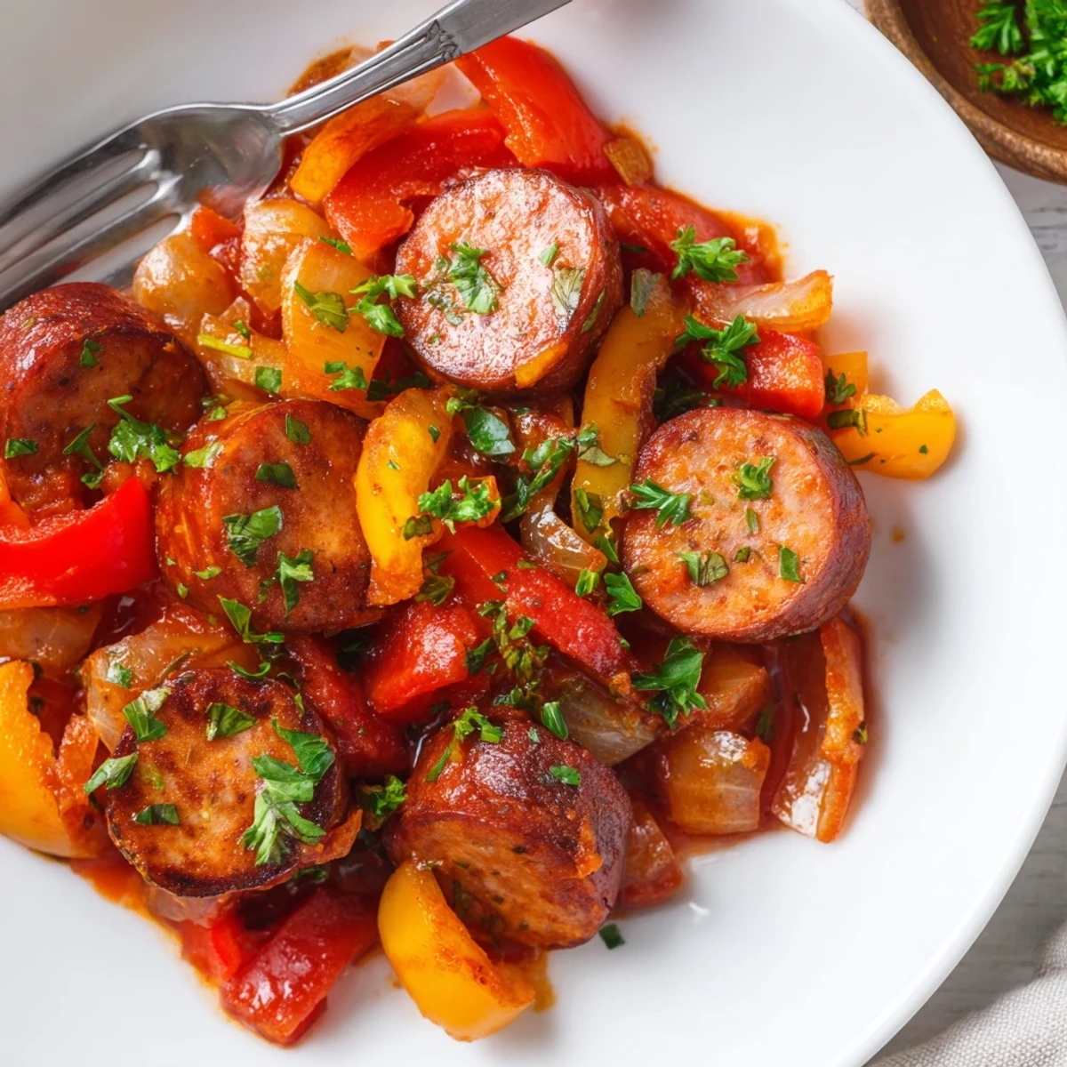 Rotes und gelbes Gemüse in einem köstlichen Sausage Goulash für kalte Abende.