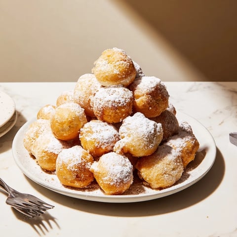 Leicht und fluffig, diese Quark Donut Löcher sind mit Puderzucker bestäubt.